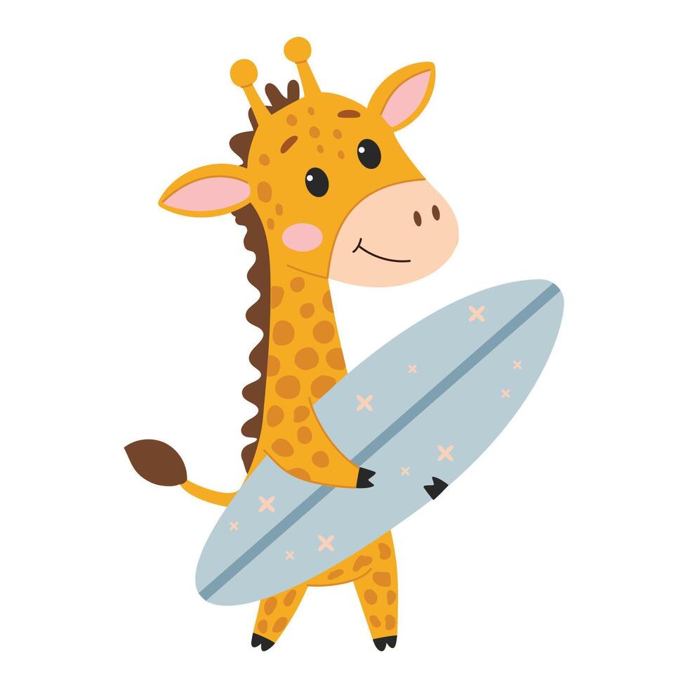 Cute cartoon giraffe with surfboard. illustration isolated on white background. vector
