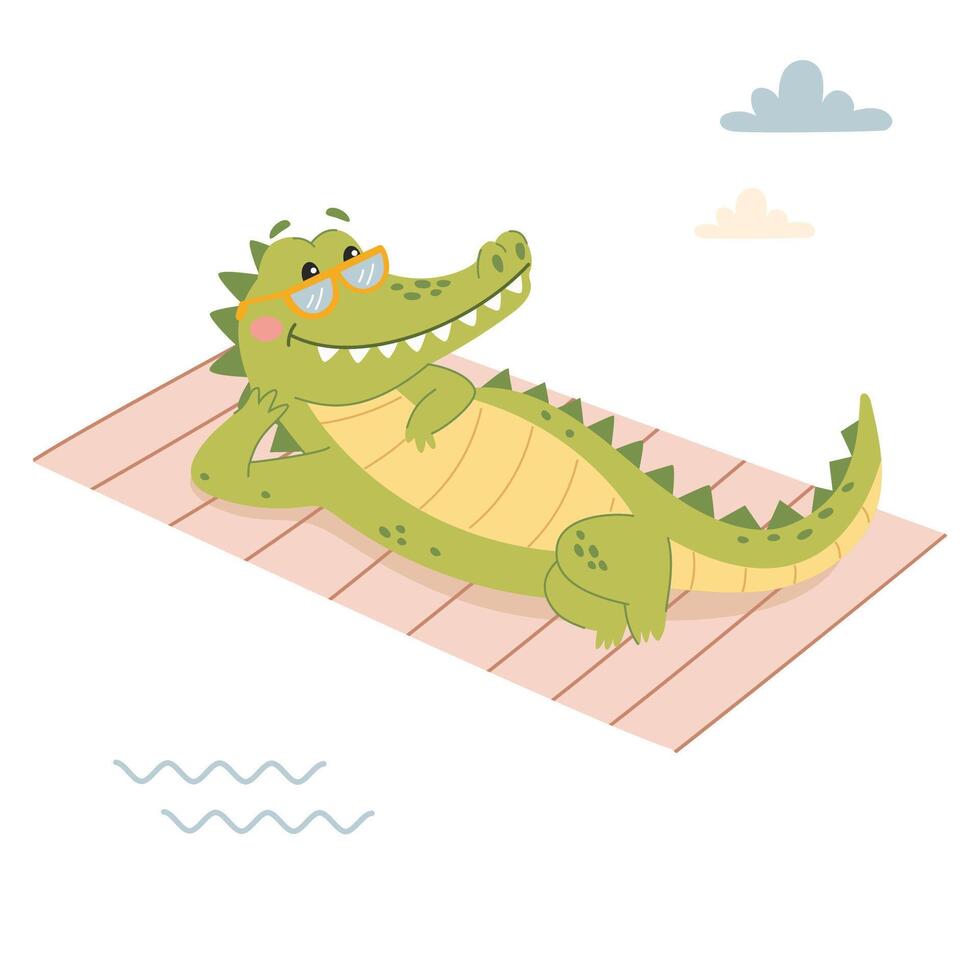 Cute crocodile in sunglasses lying on a towel and sunbathing. Flat illustration in a simple children's style on white background vector