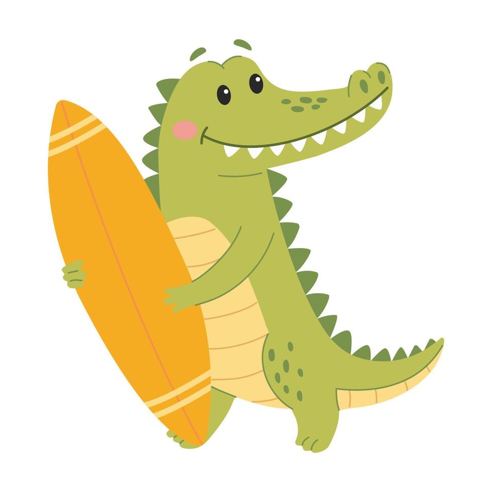 Cute crocodile with surfboard. illustration on white background. vector