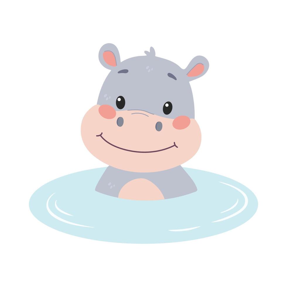 Cute little hippo in water. Flat illustration in simple child style isolated on white background vector