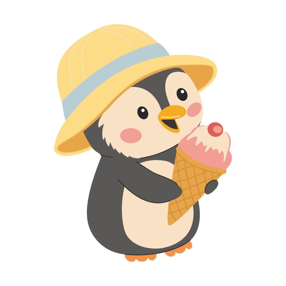 Cute penguin in hat with ice cream. Flat illustration in simple child style isolated on white background vector