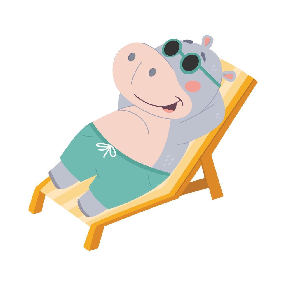 Cute Hippo wearing sunglasses, sunbathing on a sun lounger. Flat illustration in simple child style isolated on white background vector