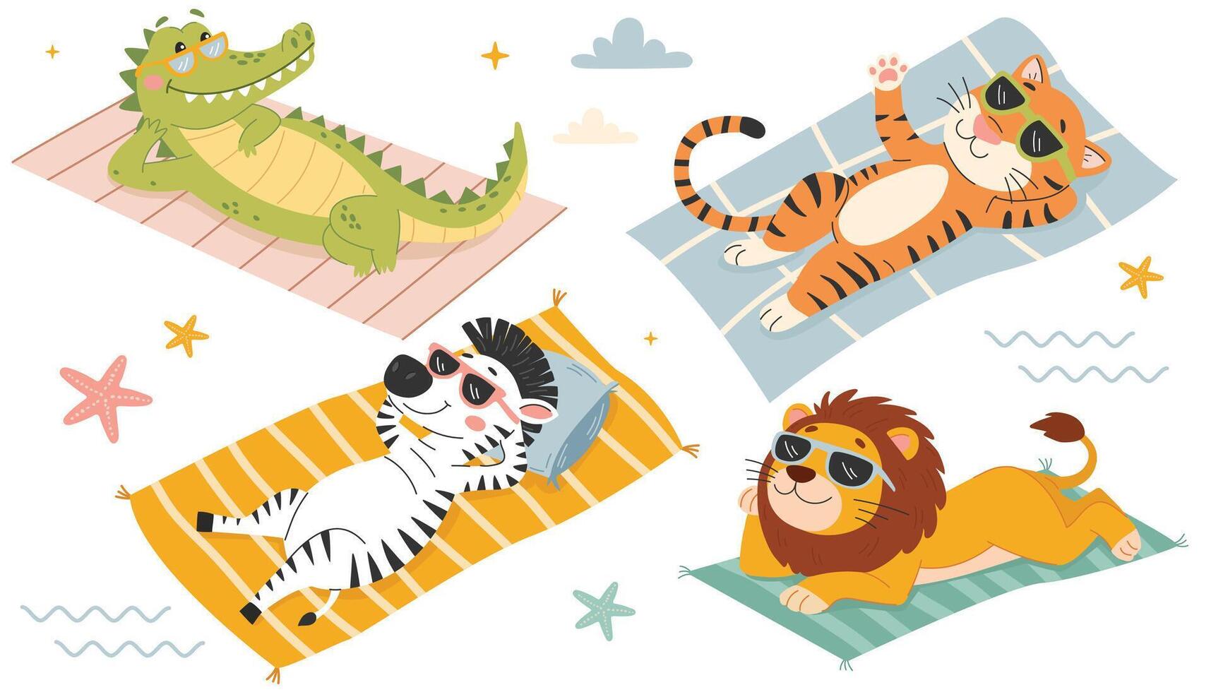 Cute crocodile, tiger, zebra, lion with sunglasses on the beach. Flat illustration in a simple children's style on white background vector