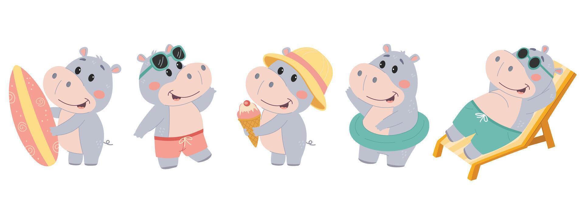 Set of cute hippo characters.Summer, vacation, ice cream, surfing, pool, lounger. Flat illustration in simple children's style isolated on white background. vector