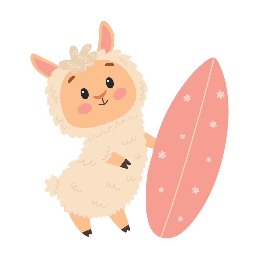 Cute cartoon alpaca with surfboard. Flat illustration in a simple children's style vector