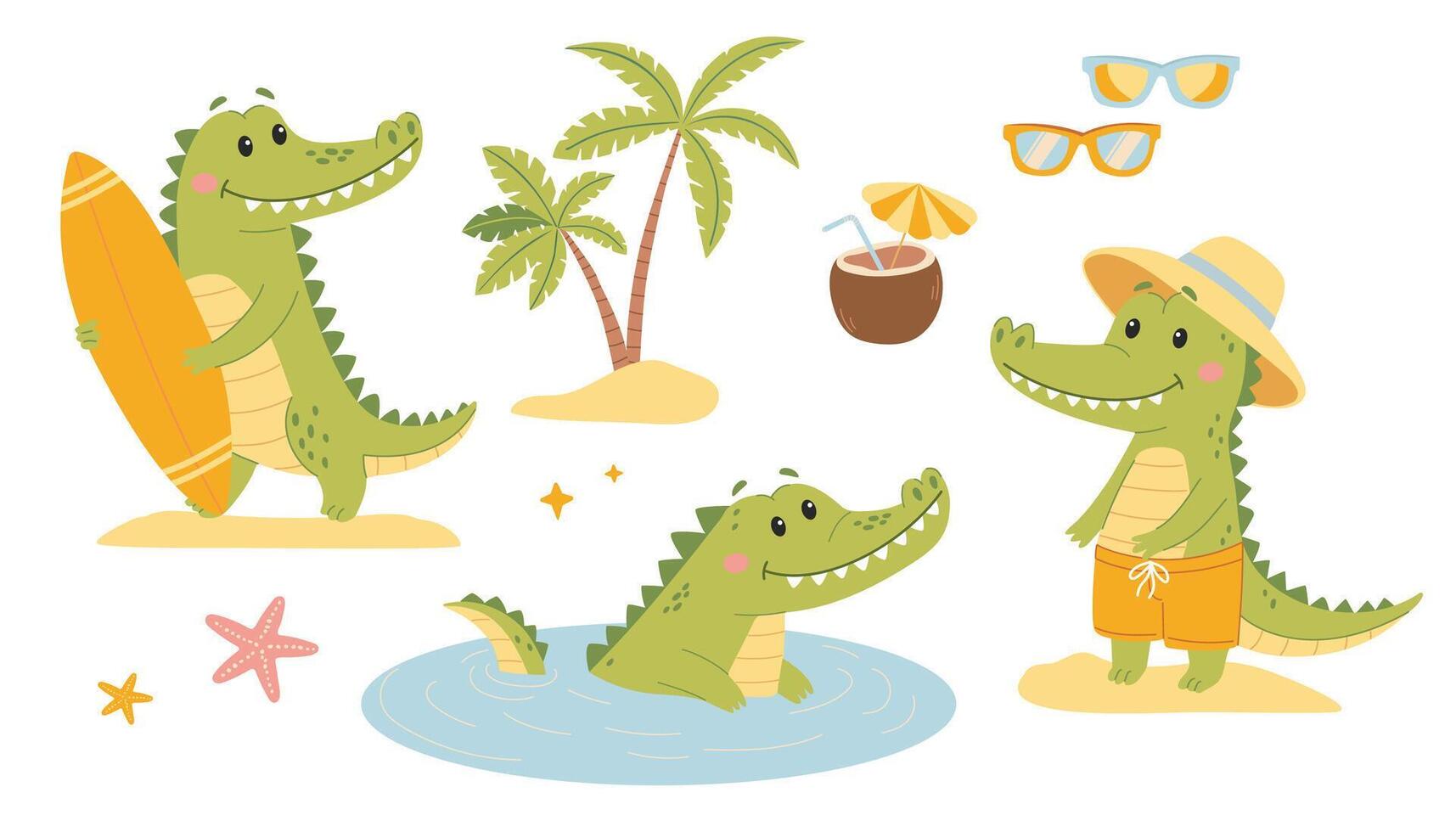 Cute Crocodile set. Cute cartoon crocodiles on the beach. Flat illustration in simple childish vector