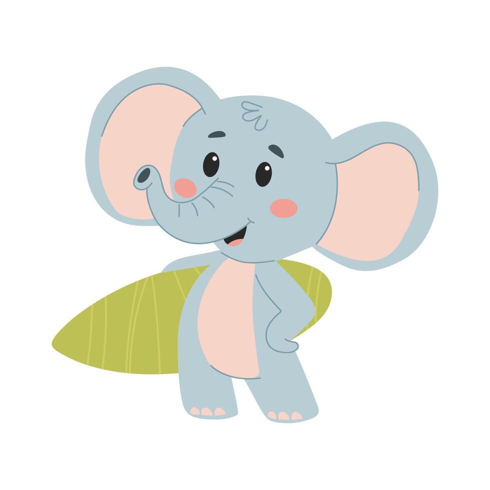 Cute elephant with surfing. Flat illustration in simple childish style isolated on white background vector