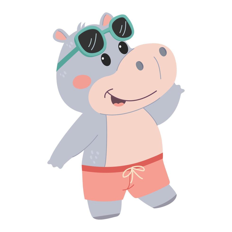 Cute hippo in swimsuit and sunglasses. Flat illustration in a simple children's style vector