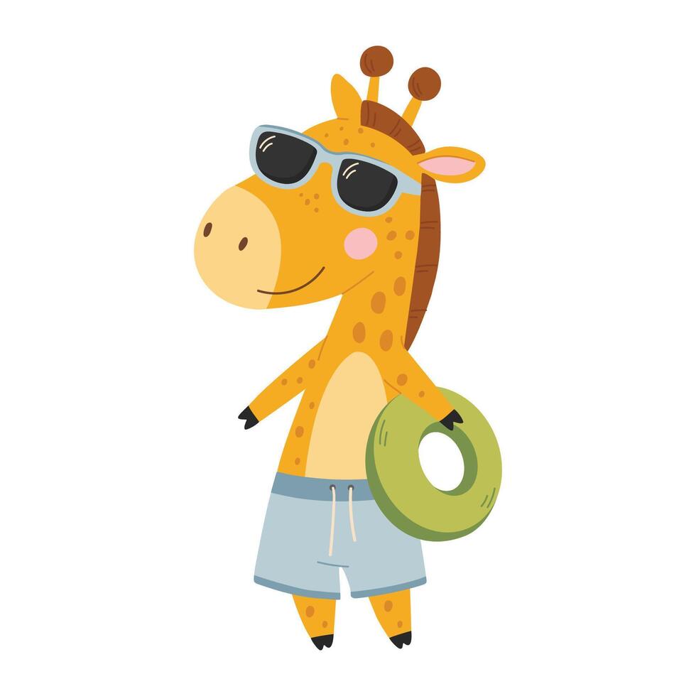 Cute cartoon giraffe in sunglasses with lifebuoy. Flat illustration in simple child style isolated on white background vector