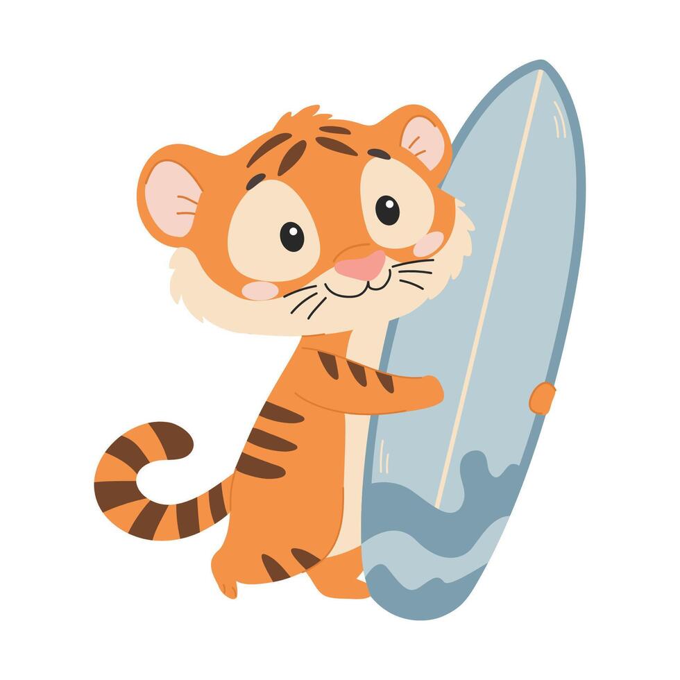 Cute tiger with surfboard, cartoon illustration isolated on white background. vector