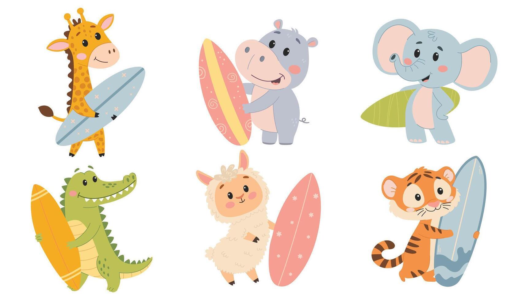 Cute cartoon animals with surfboards. Elephant, hippopotamus, giraffe, crocodile, hippo, alpaca, tiger. illustration in a simple child style isolated on a white background vector