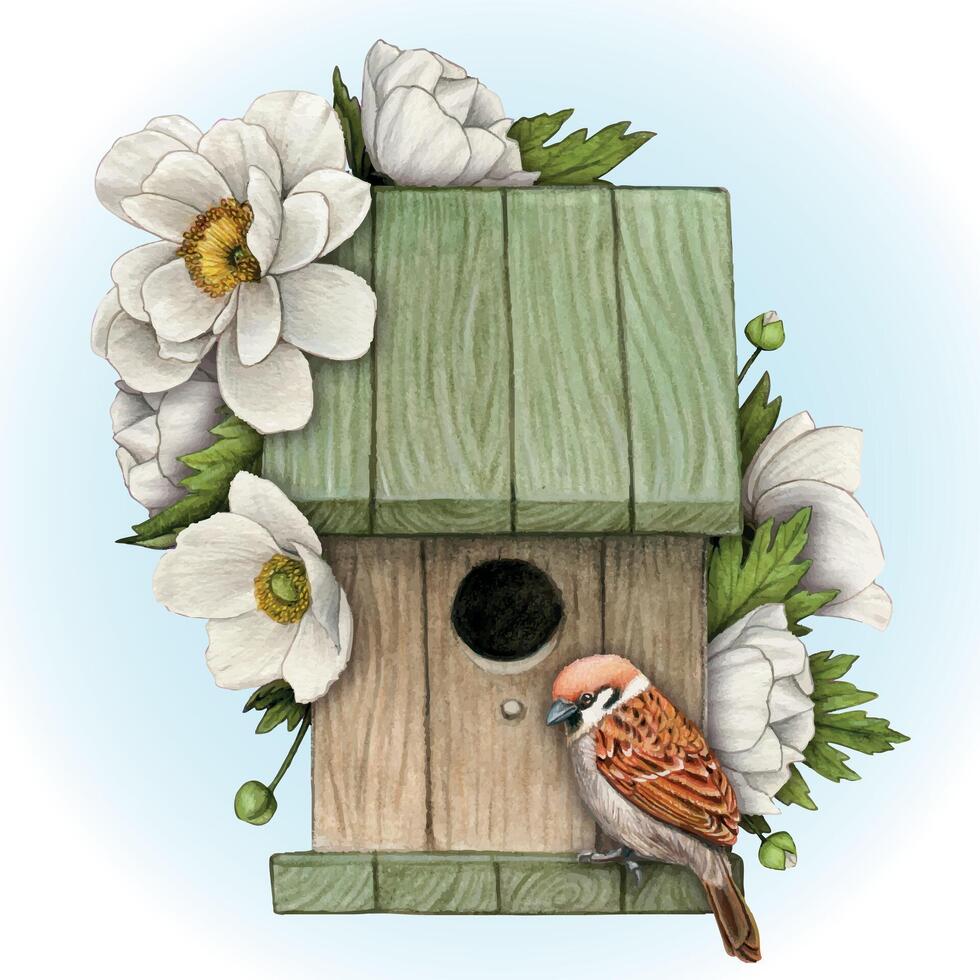 Watercolor hand drawn vintage birdhouse with white anemone and sparrow vector