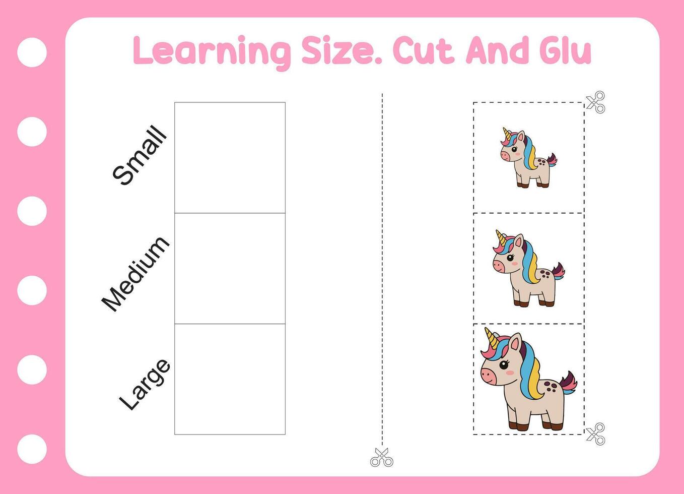 learning size , cut and glue cute unicorn . kids education and learning vector