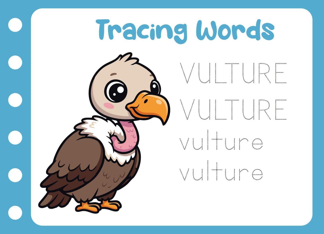 tracing the word of cute vulture. animal education game vector