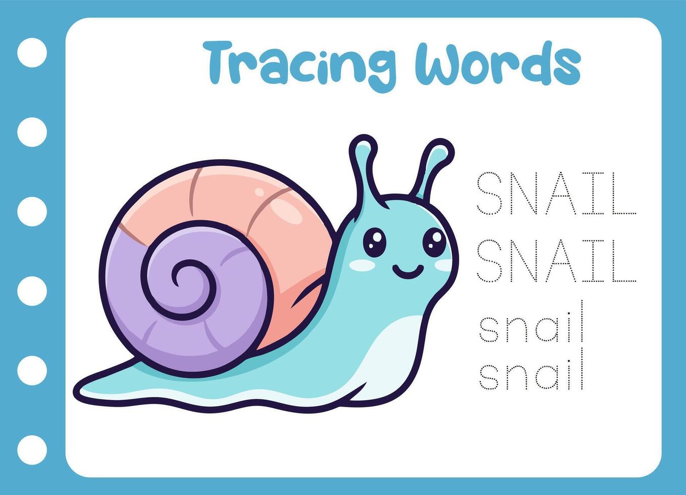 tracing the word of cute snail. animal education game vector