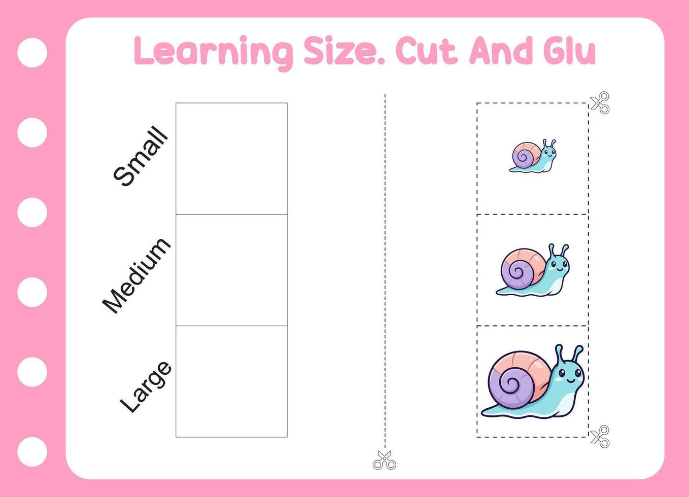 learning size , cut and glue cute snail . kids education and learning vector