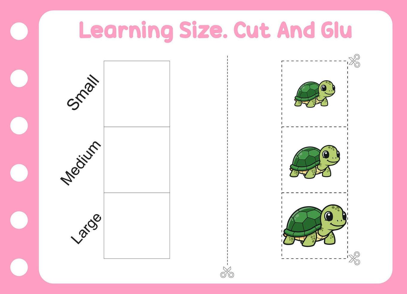 learning size , cut and glue cute turtle . kids education and learning vector