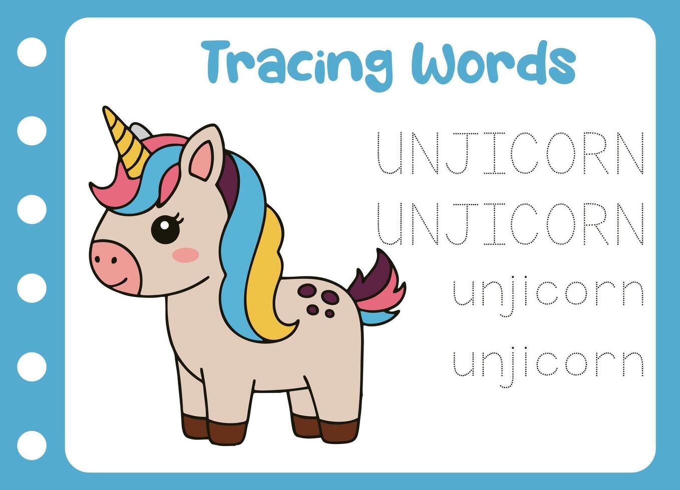 tracing the word of cute unicorn. animal education game vector