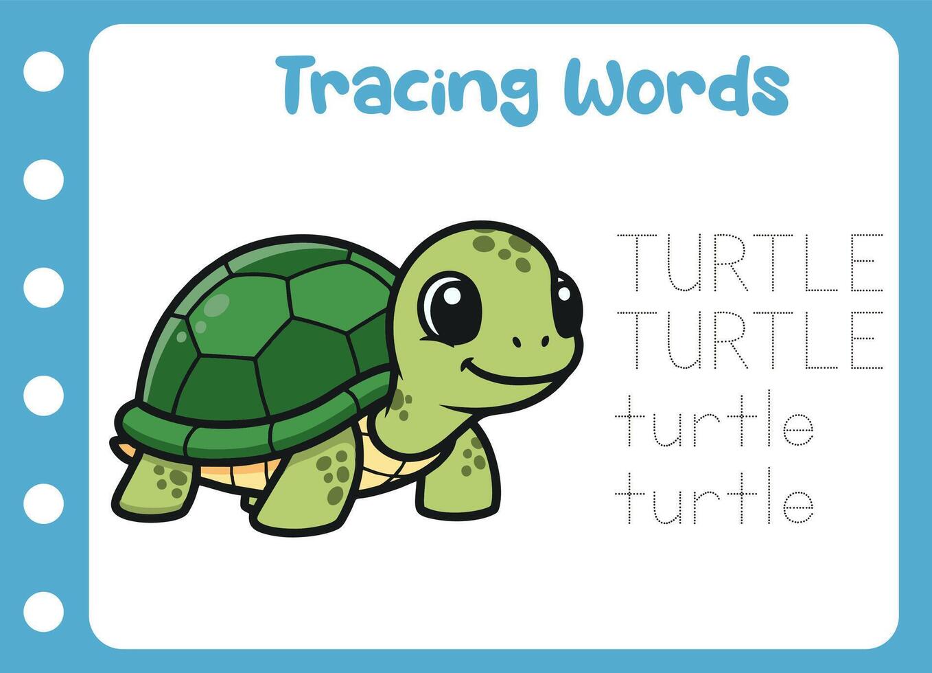 tracing the word of cute turtle. animal education game vector