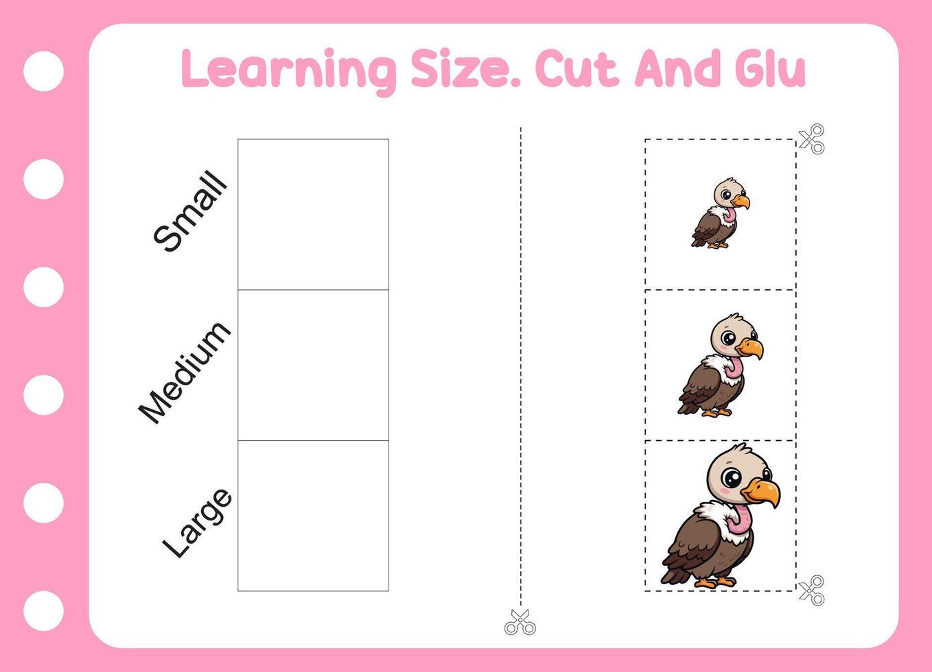 learning size , cut and glue cute vulture . kids education and learning vector