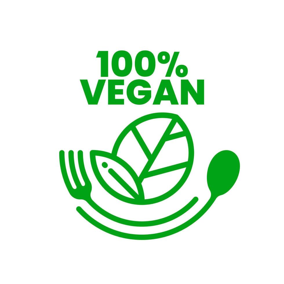 Vegan logo design with spoon, fork and green leaf icon in line art style. For icon, label, seal, tag, sign, symbol, badge, stamp, sticker, emblem, poster. Illustration vector