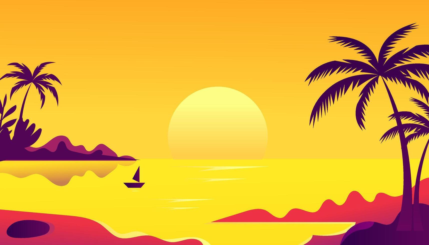 Sunset Tropical Beach Scene Palm Trees, Sailboat, Ocean View vector