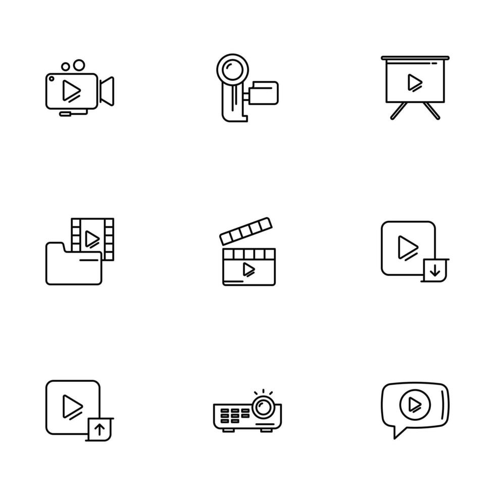 A set of 9 black video-related icons, including camera, folder, clapperboard, and projector. vector