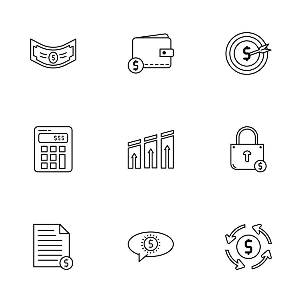 Outline Simple Finance Dollar Money Wallet Calculator Target Icon Set vector