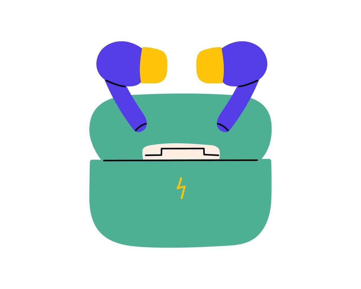 Wireless headphones with charging case. illustration for audio devices, wireless technology and music accessories vector