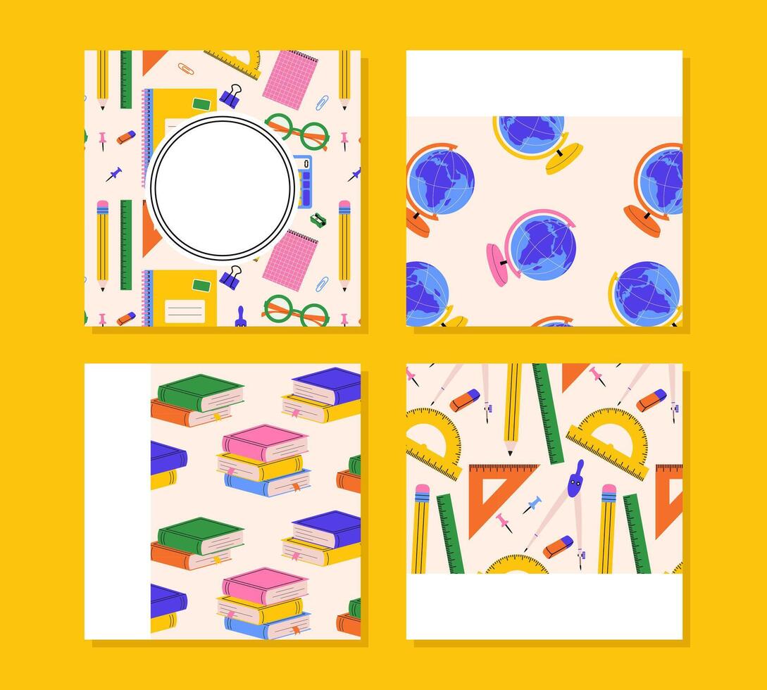 Back to School square card set with school supplies and education elements. illustration for academic design and children learning themes vector