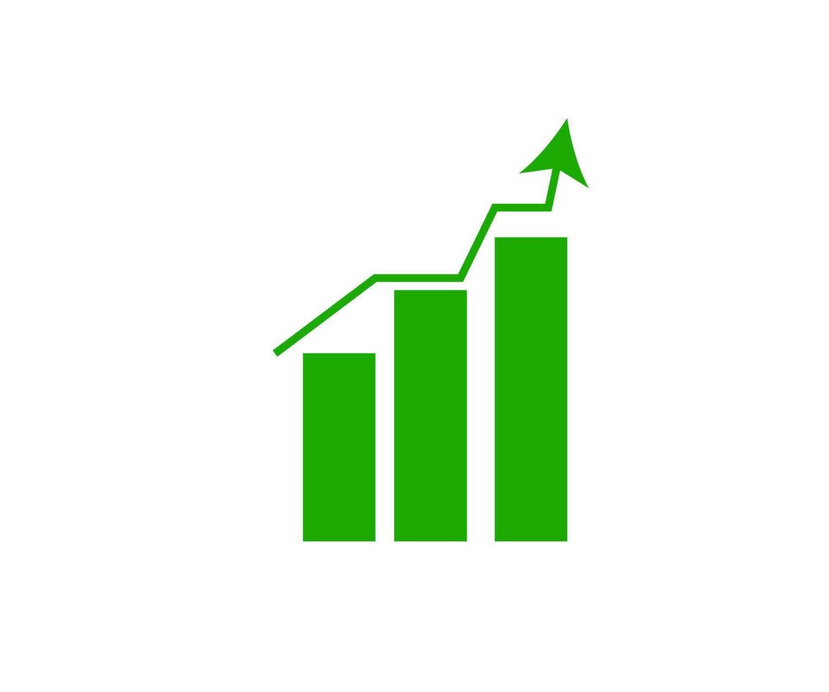 a green graph bar with an arrow going up vector