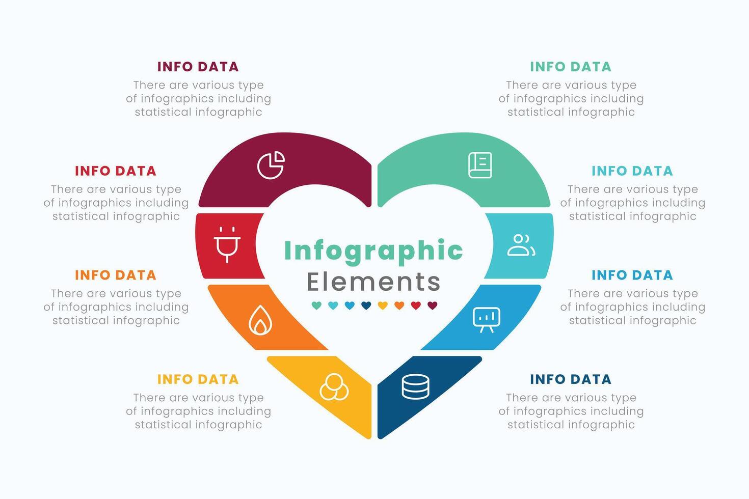 Business infographic template with a heart divided into 8 features of a healthcare program, medical healthcare concept. Blood donation or charity creative, slide template, illustration vector