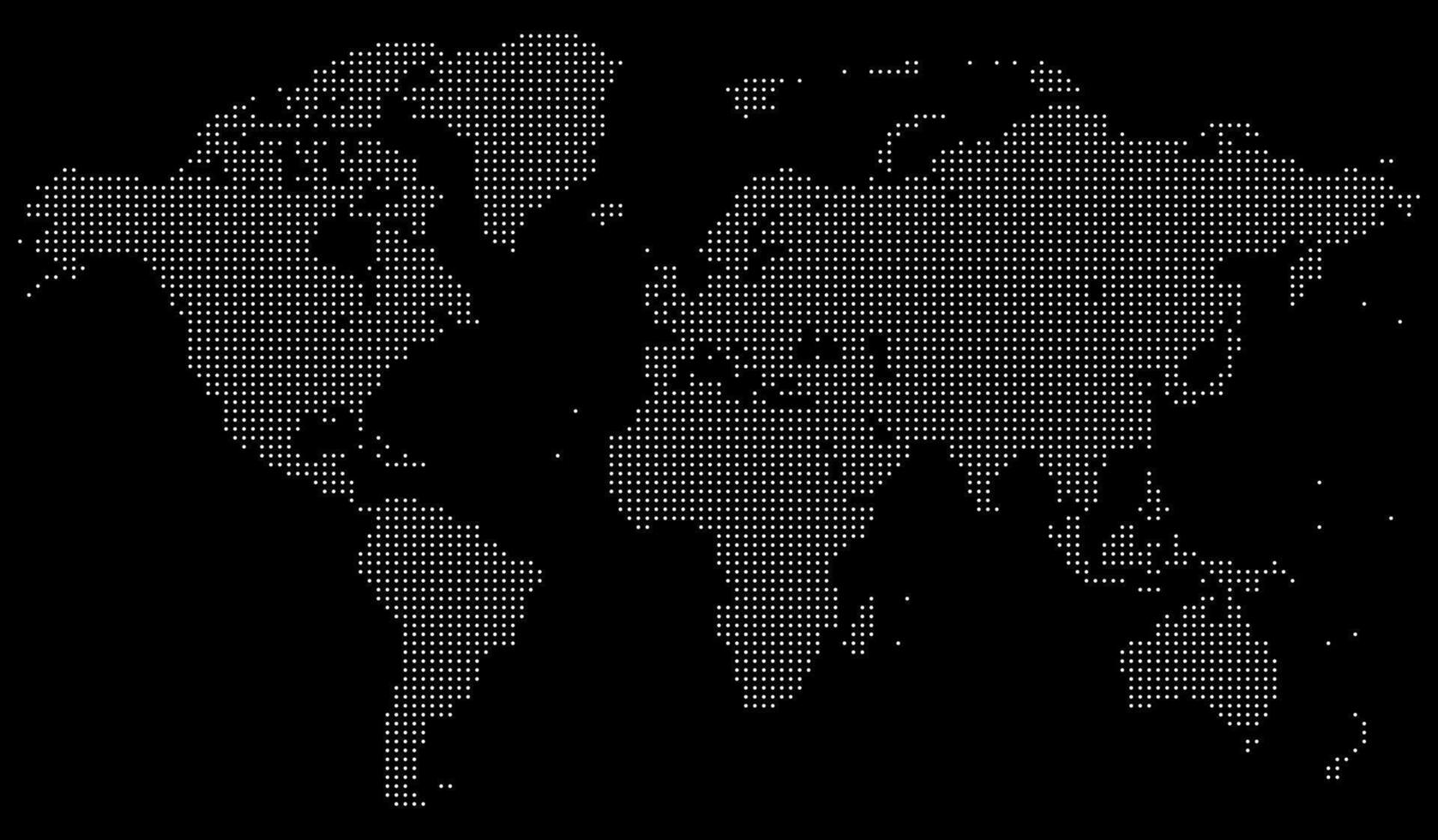 Pixel inspired dotted world map created with topographic intent. The dotted world map includes borders, shapes, and clean detail to visualize dotted world map layouts. vector