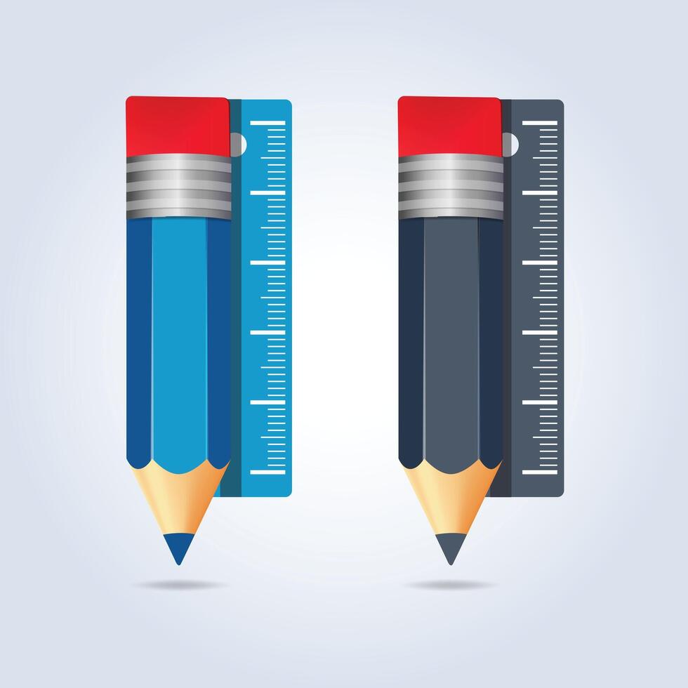 Pencils and rulers in two colors with a sharp tip and a red rubber on top vector