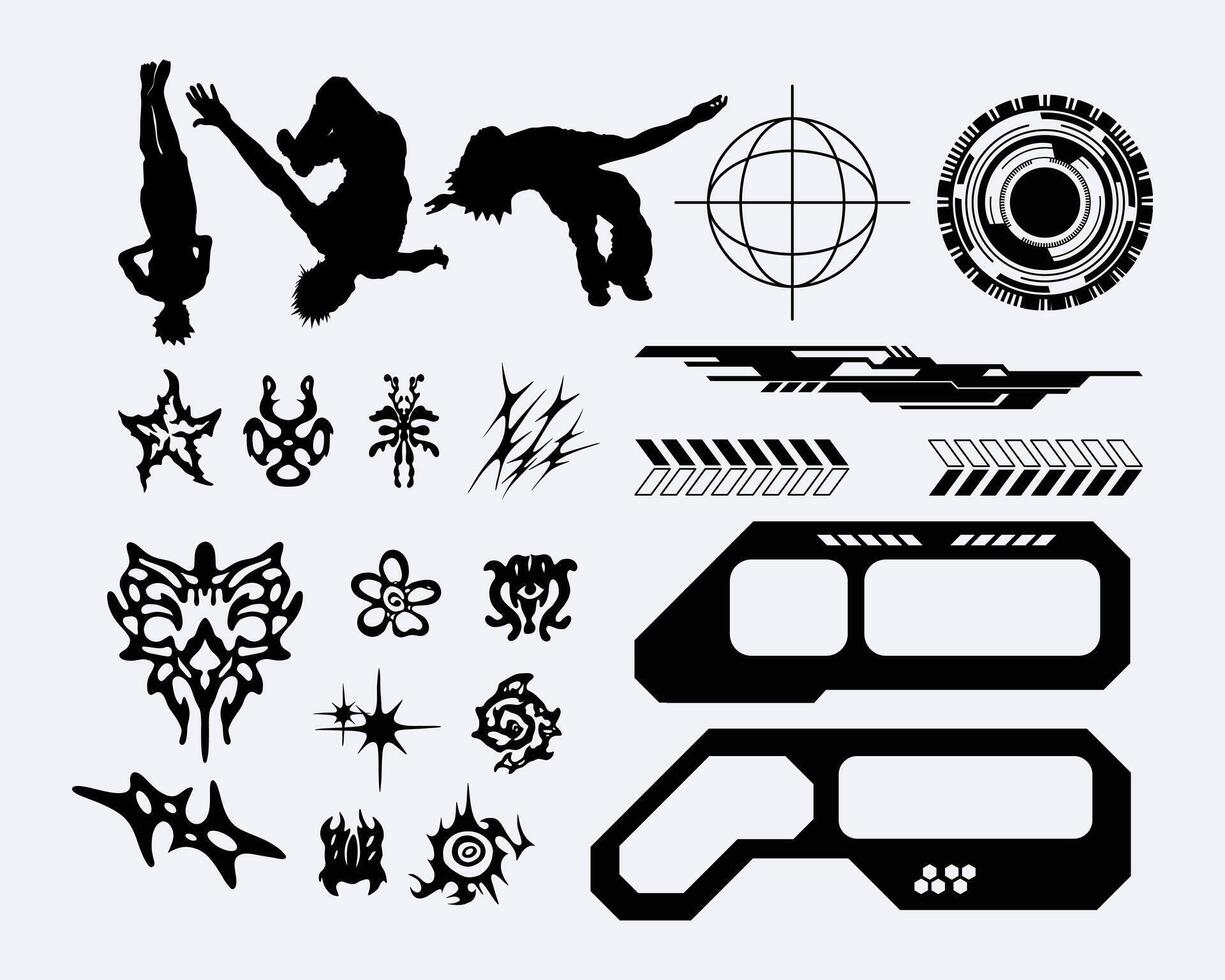 Tribal cyberpunk ornate sigilism element collection futuristic interface frame border t shirt design sticker poster editable vector