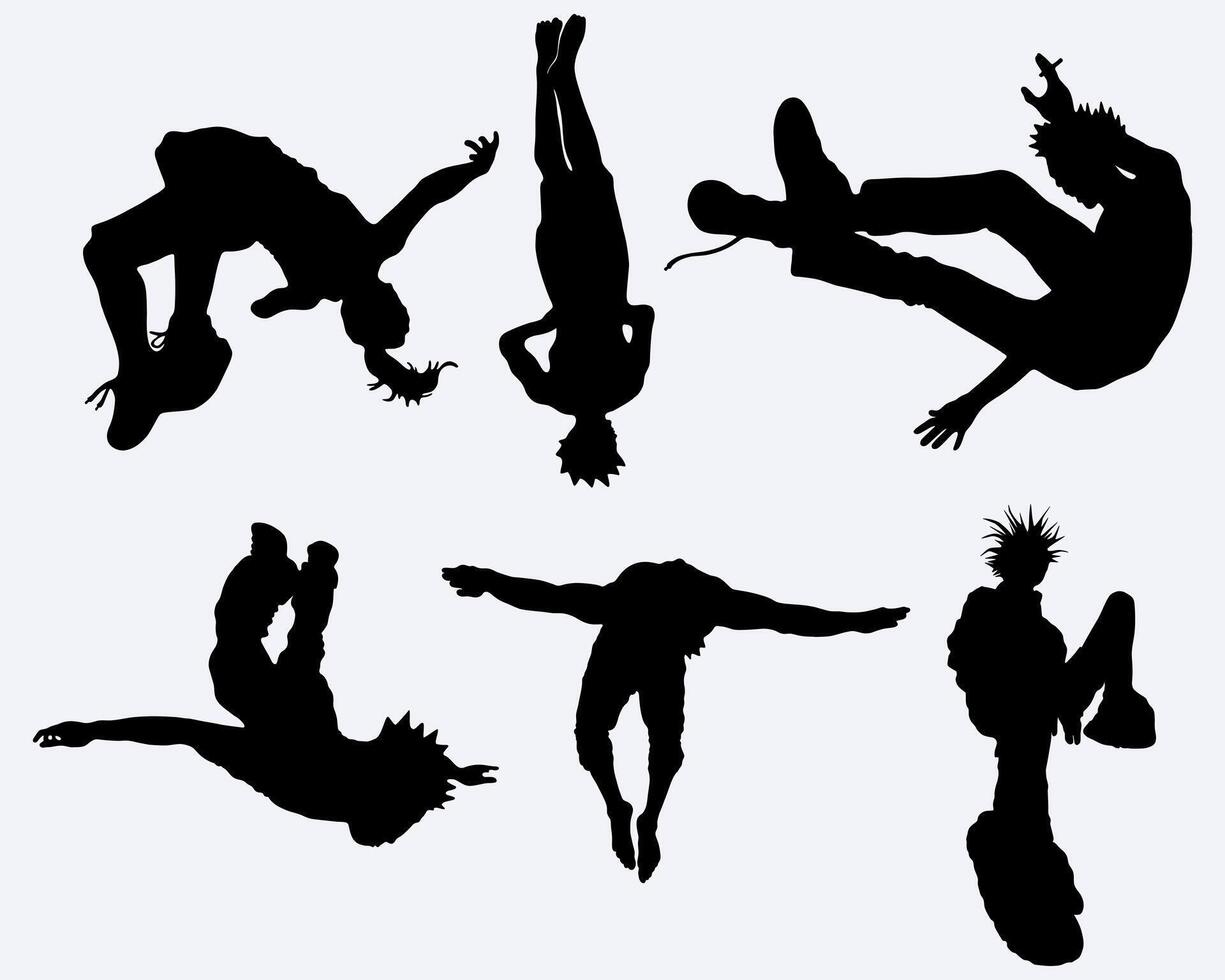 Jump leap pose parkour silhouette street style collection set illustration sticker element print art isolated editable vector
