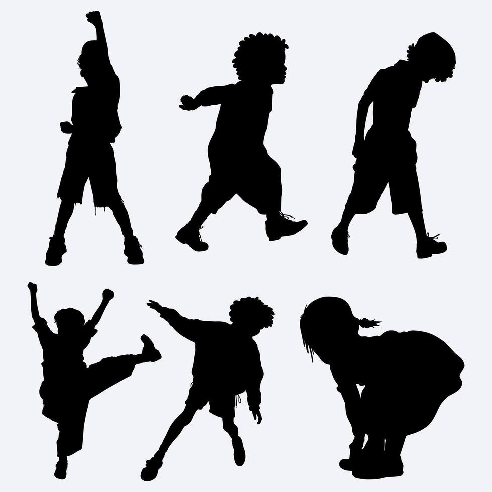 Kids silhouette chillhood activities element walk style clip art ink sticker print art editable vector