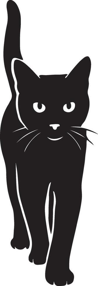 Walking black cat silhouette graceful motion, Feline in stride black white drawing vector