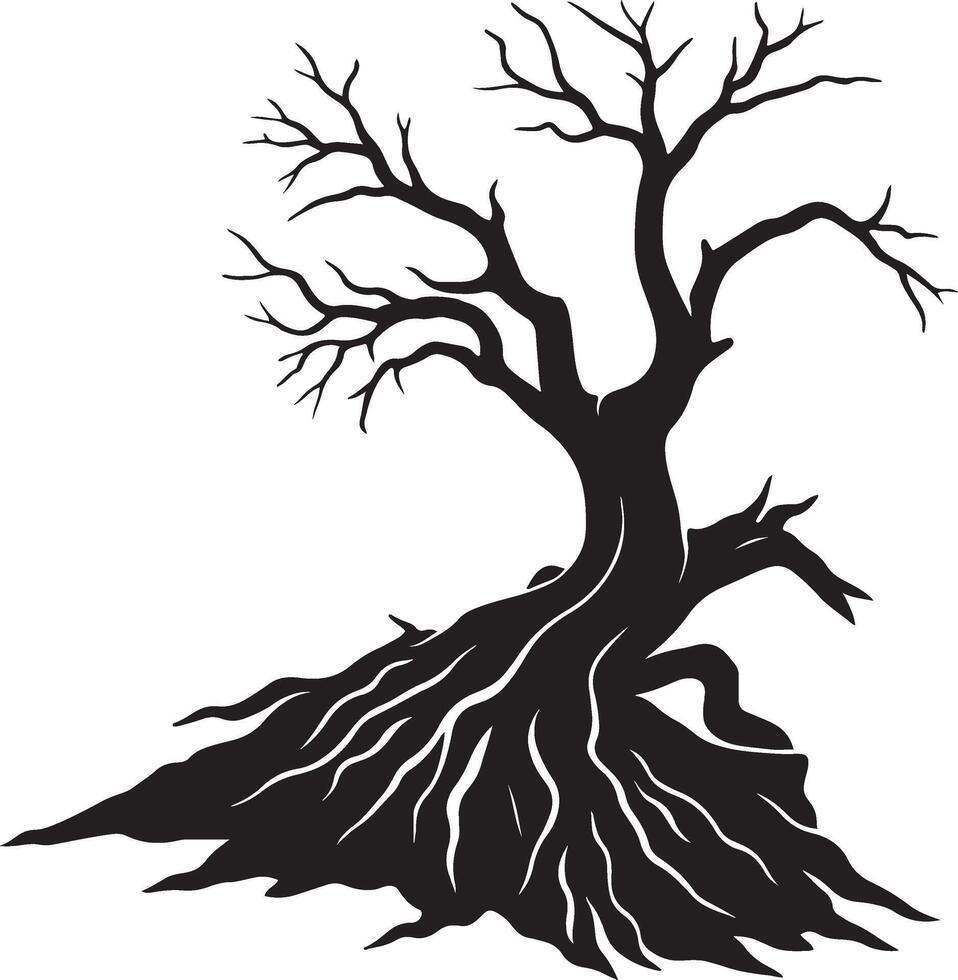Bare rooted tree silhouette striking style, Leafless tree nature themed black design vector