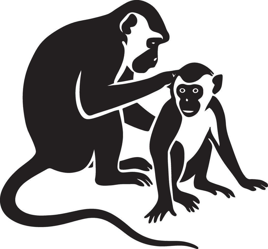 Monkeys grooming silhouette affectionate pose, Animal bonding black white vector