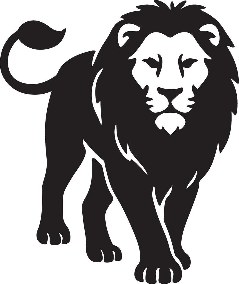 Majestic lion silhouette black white art, Wild big cat bold graphic drawing vector