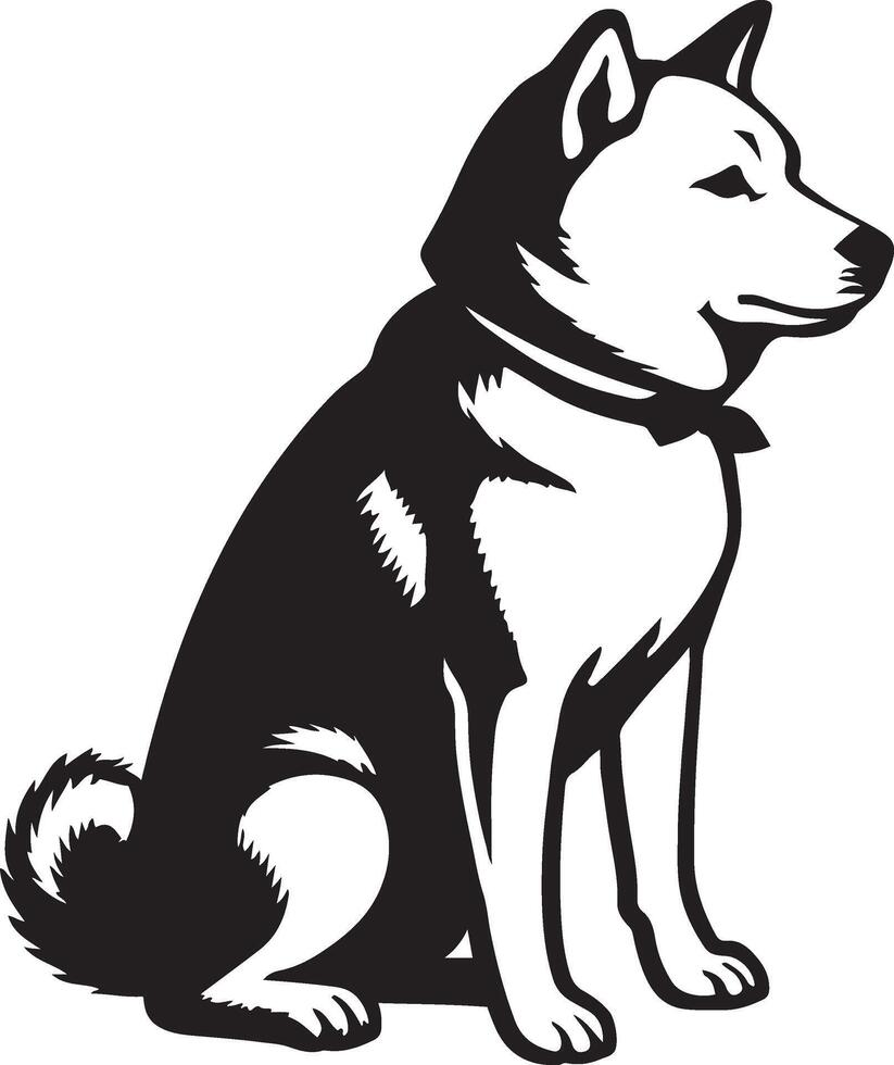 Sitting Japanese spitz dog silhouette, Elegant pet dog black and white sketch vector
