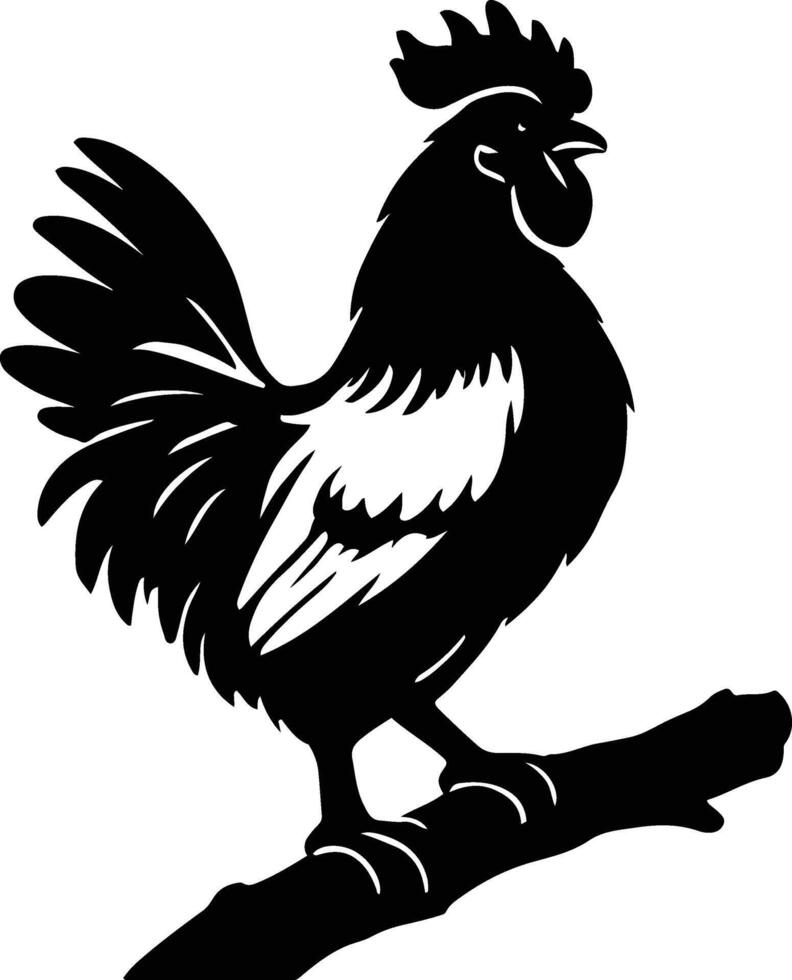 Rooster on branch bold silhouette design, Farm themed chicken graphic black white vector