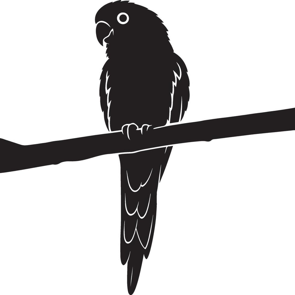 Parrot perched on a branch silhouette design, Tropical bird resting black white artwork vector
