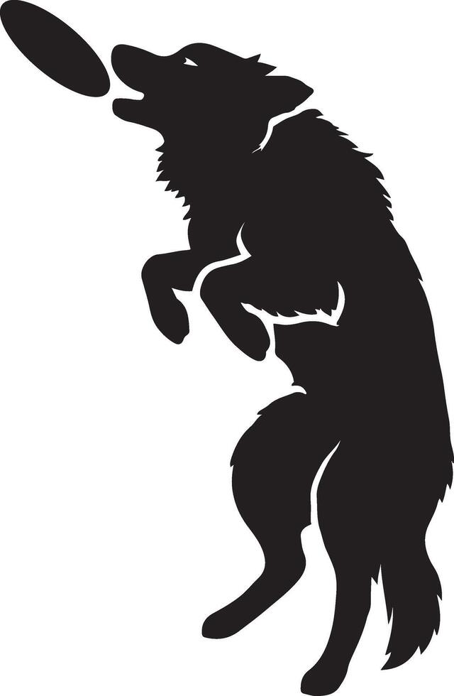 Dog catching disc silhouette action pose, Playful dog mid jump design vector