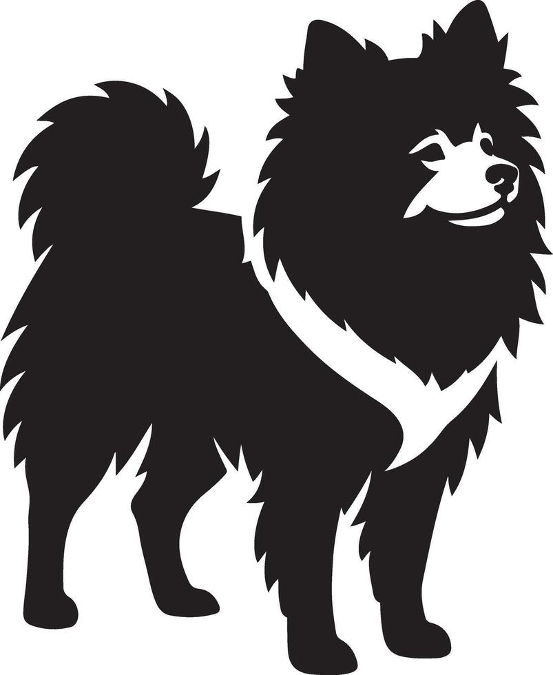 Happy pomeranian silhouette playful design, Fluffy small dog black white art vector