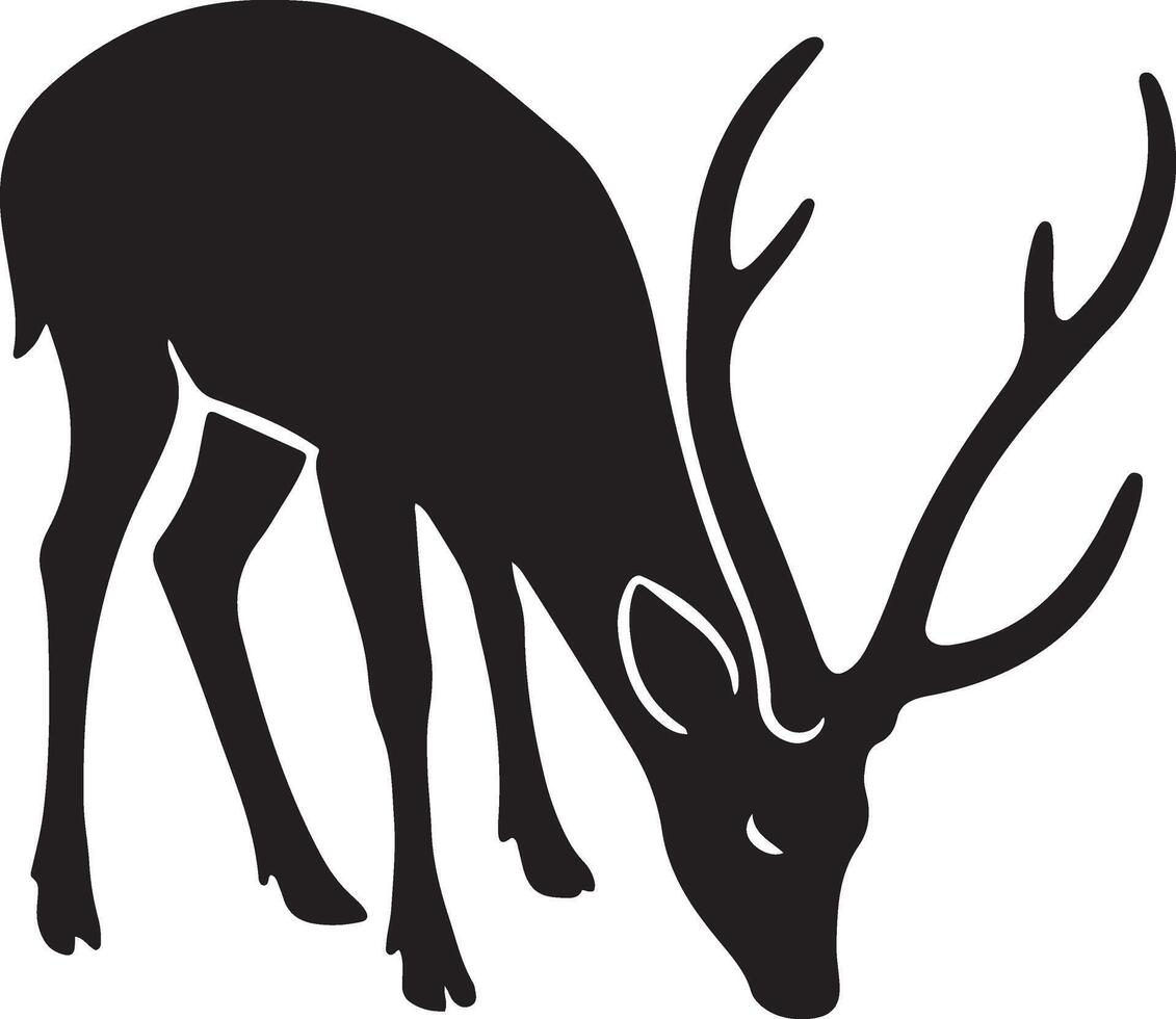 Deer grazing profile silhouette design, Forest animal peaceful pose black white vector