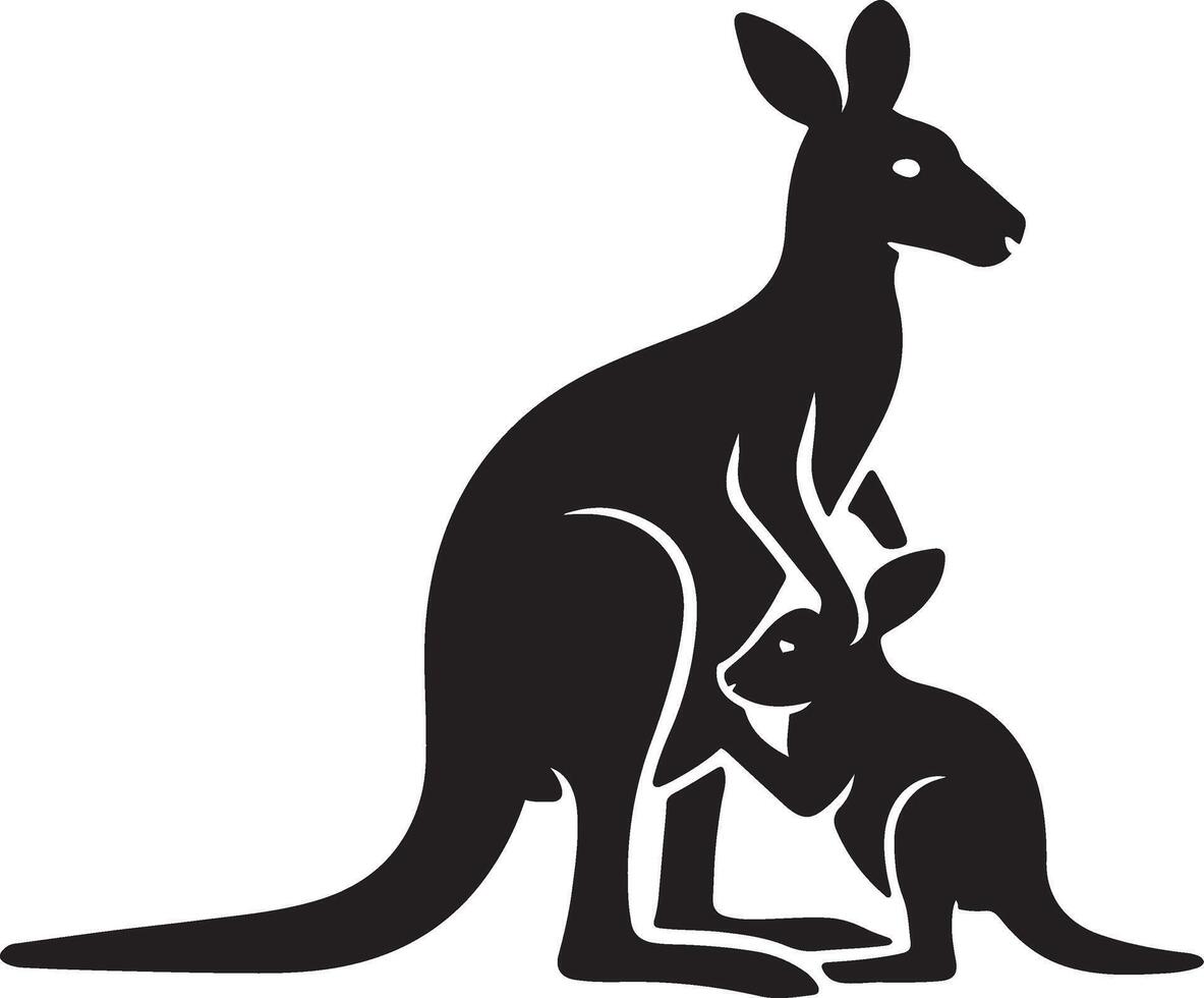 Kangaroo and joey silhouette black design, Australian animal mother baby sketch vector