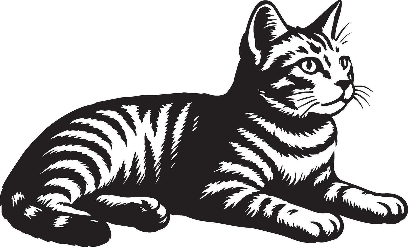 Relaxing tabby cat line drawing black white, Elegant striped cat resting illustration vector
