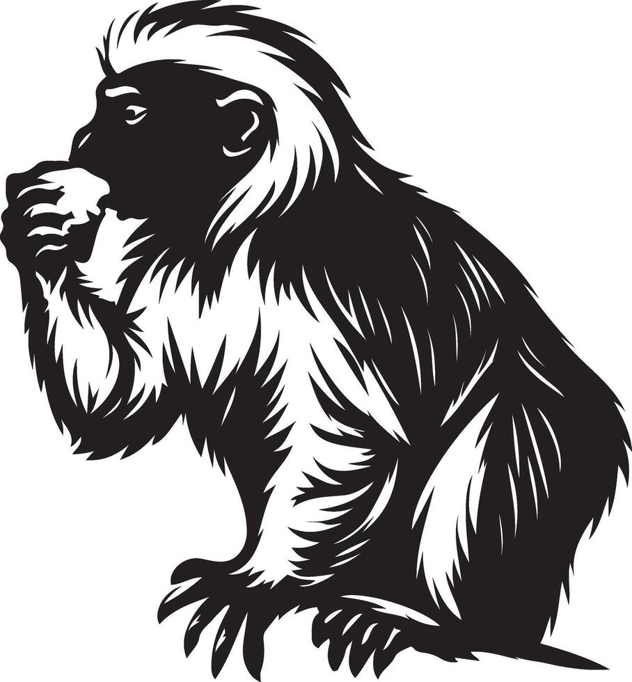 Monkey eating black and white art, Primate food pose simple design sketch vector